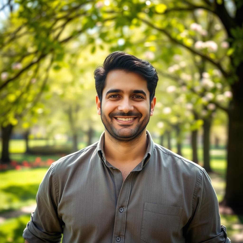 A portrait of Omid Khalili, a middle-eastern man in his 30s with dark hair and a warm smile