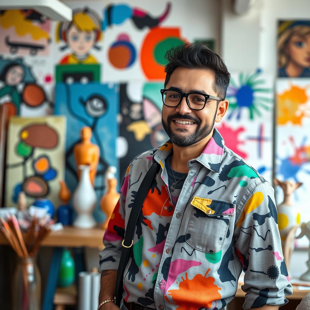A vibrant and playful portrait of Shaho Falahi, an influential figure in modern art