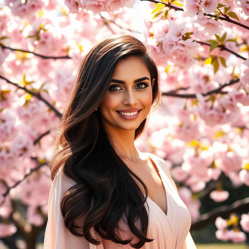 Sahar Sagharchi, a beautiful woman with long, flowing dark brown hair and striking green eyes, stands confidently against a backdrop of lush, vibrant cherry blossom trees in full bloom