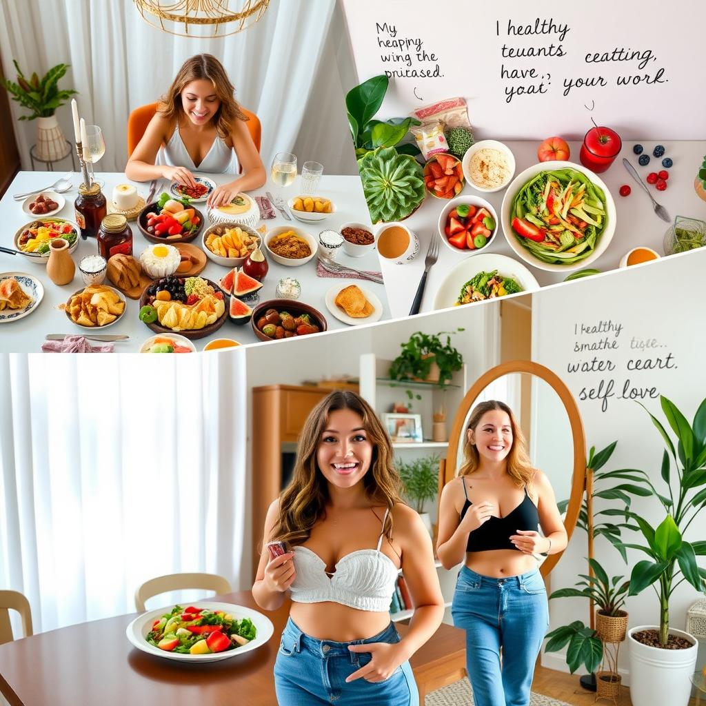 A dramatic transformation of a woman who initially indulges in a feast of delicious food, showcasing an array of desserts, fruits, and savory delicacies on a beautifully set dining table
