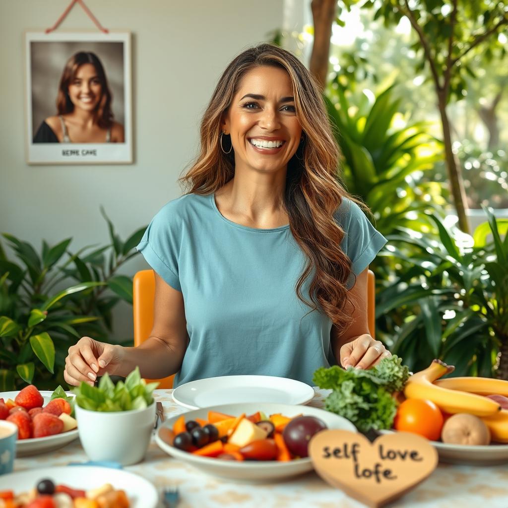 A vibrant and uplifting scene depicting a woman in her 30s with a joyful expression, enjoying a variety of colorful and healthy food on a beautifully set table, reflecting her journey of self-love and healthy eating