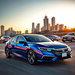 A sleek, shiny Honda Civic 7th generation, parked in an urban environment with skyscrapers in the background during sunset