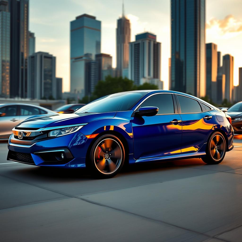 A sleek, shiny Honda Civic 7th generation, parked in an urban environment with skyscrapers in the background during sunset