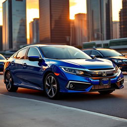A sleek, shiny Honda Civic 7th generation, parked in an urban environment with skyscrapers in the background during sunset