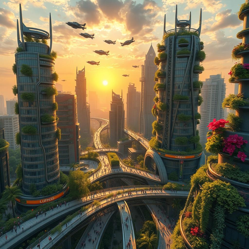 A visionary cityscape named Kourosh Topia, where futuristic architecture meets lush, vibrant greenery