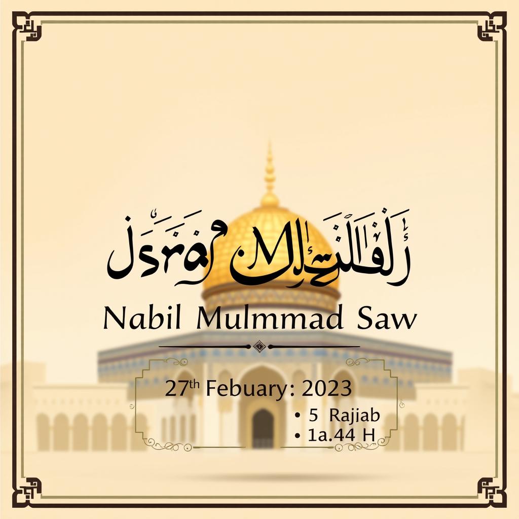 The text 'Isra' Mikraj Nabi Muhammad Saw' beautifully featured in an elegant Islamic calligraphy style