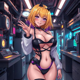 A sexy and cute gothic anime-inspired cyberpunk ripper doc character in a playful pose within a gothic futuristic lab