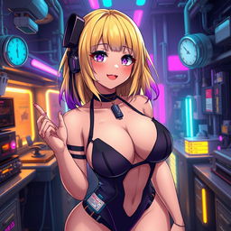 A sexy and cute gothic anime-inspired cyberpunk ripper doc character in a playful pose within a gothic futuristic lab