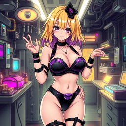 A sexy and cute gothic anime-inspired cyberpunk ripper doc character in a playful pose within a gothic futuristic lab