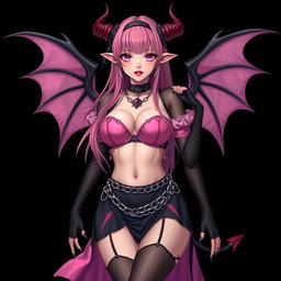 A realistic portrayal of a sexy dominatrix gothic anime succubus girl with wings, thin horns, and a tail