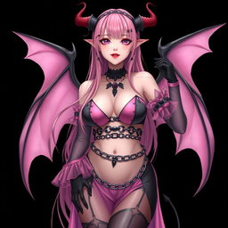 A realistic portrayal of a sexy dominatrix gothic anime succubus girl with wings, thin horns, and a tail