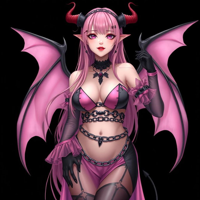 A realistic portrayal of a sexy dominatrix gothic anime succubus girl with wings, thin horns, and a tail