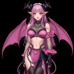 A realistic portrayal of a sexy dominatrix gothic anime succubus girl with wings, thin horns, and a tail