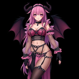 A realistic portrayal of a sexy dominatrix gothic anime succubus girl with wings, thin horns, and a tail