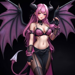 A realistic depiction of a sexy dominatrix gothic anime succubus girl with majestic wings, thin horns, and a sinuous tail