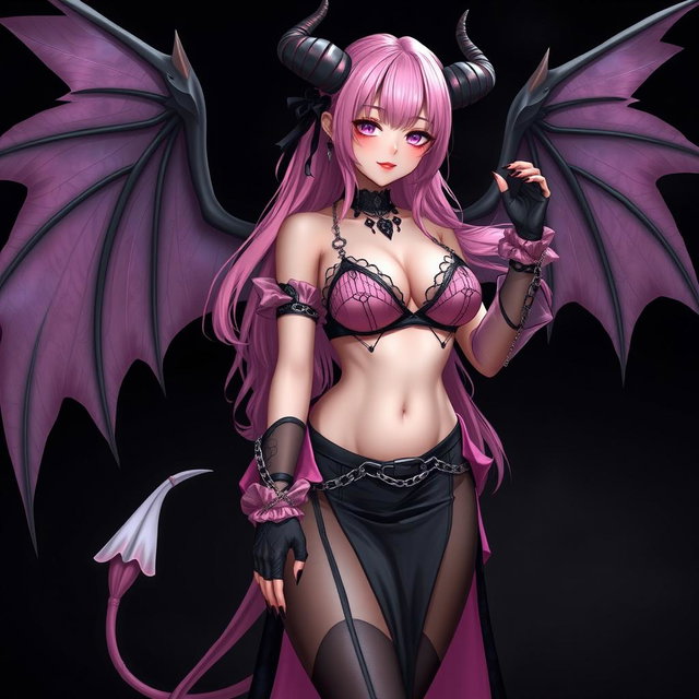 A realistic depiction of a sexy dominatrix gothic anime succubus girl with majestic wings, thin horns, and a sinuous tail