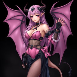 A realistic depiction of a sexy dominatrix gothic anime succubus girl with majestic wings, thin horns, and a sinuous tail
