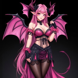 A realistic depiction of a sexy dominatrix gothic anime succubus girl with majestic wings, thin horns, and a sinuous tail