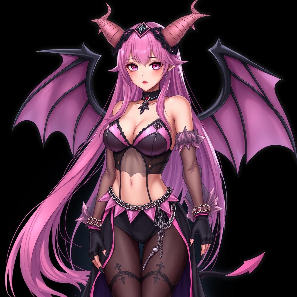 A realistic depiction of a sexy dominatrix gothic anime succubus girl with majestic wings, thin horns, and a sinuous tail