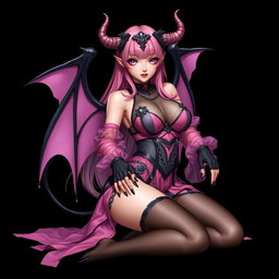 A realistic depiction of a sexy dominatrix gothic anime succubus girl with wings, thin horns, and a tail