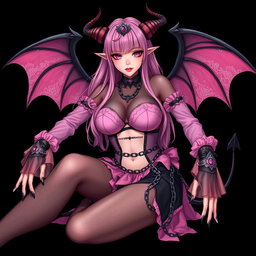 A realistic depiction of a sexy dominatrix gothic anime succubus girl with wings, thin horns, and a tail