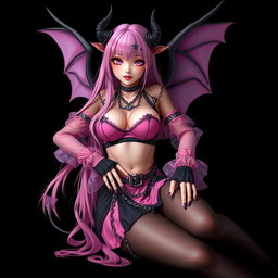A realistic depiction of a sexy dominatrix gothic anime succubus girl with wings, thin horns, and a tail