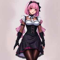 A realistic depiction of a sexy gothic anime maid girl with a flustered, subtle smile and blush on her cheeks