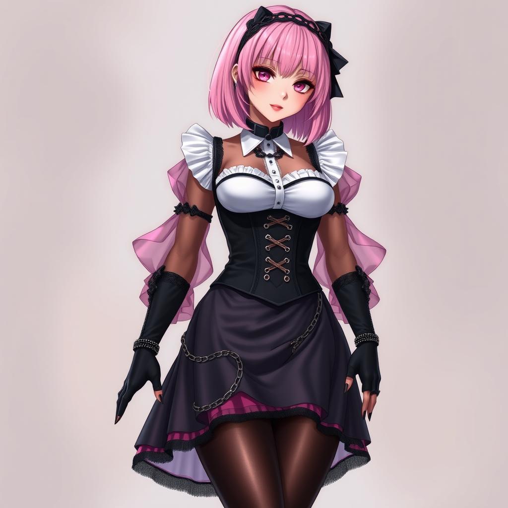 A realistic depiction of a sexy gothic anime maid girl with a flustered, subtle smile and blush on her cheeks