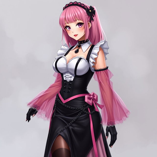 A realistic depiction of a sexy gothic anime maid girl with a flustered, subtle smile and blush on her cheeks