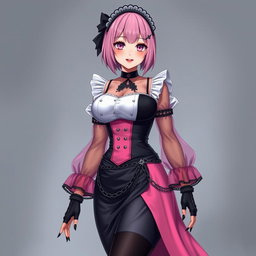 A realistic depiction of a sexy gothic anime maid girl with a flustered, subtle smile and blush on her cheeks