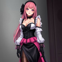 A realistic depiction of a sexy gothic anime maid girl with a flustered, subtle smile and blush on her cheeks