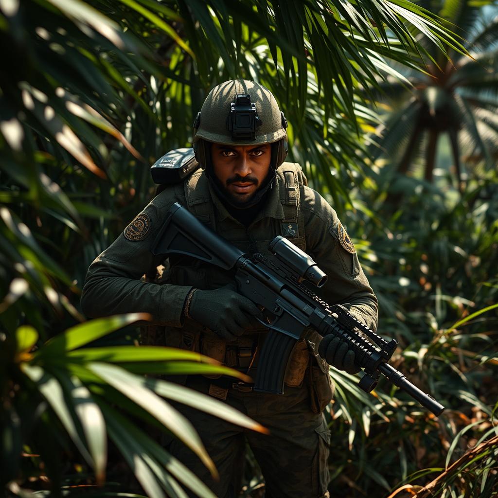A highly skilled Sri Lankan commando in action, wearing tactical military gear and equipped with advanced weapons, moving stealthily through a dense jungle environment