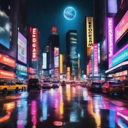 A lively cityscape at night with bright neon lights and bustling traffic reflected on a wet surface, with a full moon visible in the clear sky.