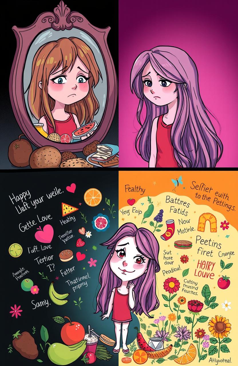 A cartoon featuring a young girl with long, flowing hair, initially looking sad and disheveled, symbolizing her struggles with eating disorders