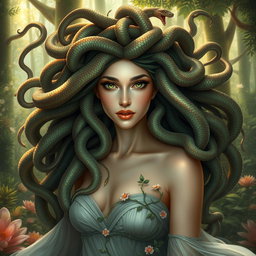 A breathtaking portrait of a beautiful Medusa, her long, flowing hair made of intricately detailed serpents, each snake having shimmering scales reflecting a spectrum of colors