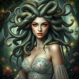 A breathtaking portrait of a beautiful Medusa, her long, flowing hair made of intricately detailed serpents, each snake having shimmering scales reflecting a spectrum of colors