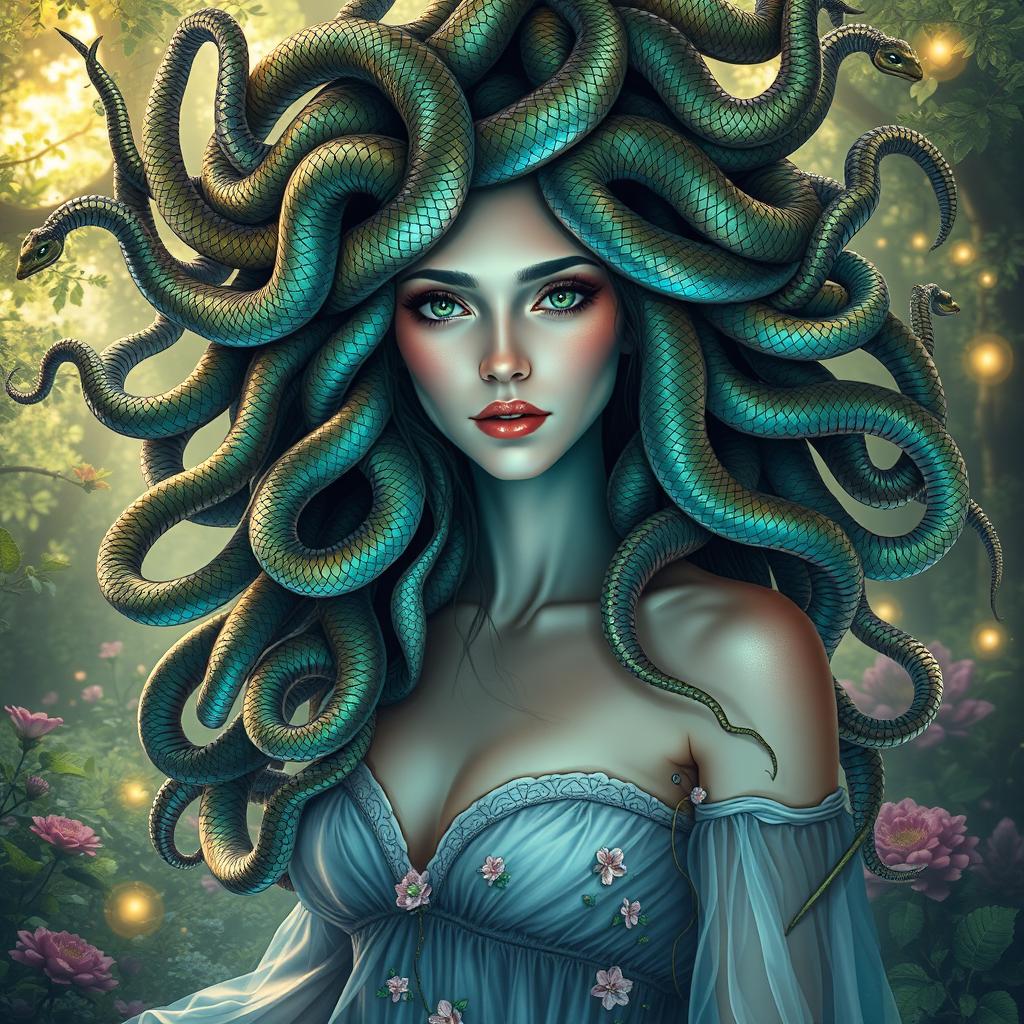 A breathtaking portrait of a beautiful Medusa, her long, flowing hair made of intricately detailed serpents, each snake having shimmering scales reflecting a spectrum of colors