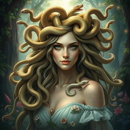 A breathtaking portrait of a beautiful Medusa, her long, flowing hair made of intricately detailed serpents, each snake having shimmering scales reflecting a spectrum of colors