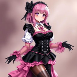 A realistic depiction of a sexy gothic anime maid girl with a flustered, subtle smile and a blush on her cheeks