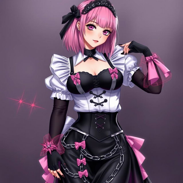 A realistic depiction of a sexy gothic anime maid girl with a flustered, subtle smile and a blush on her cheeks