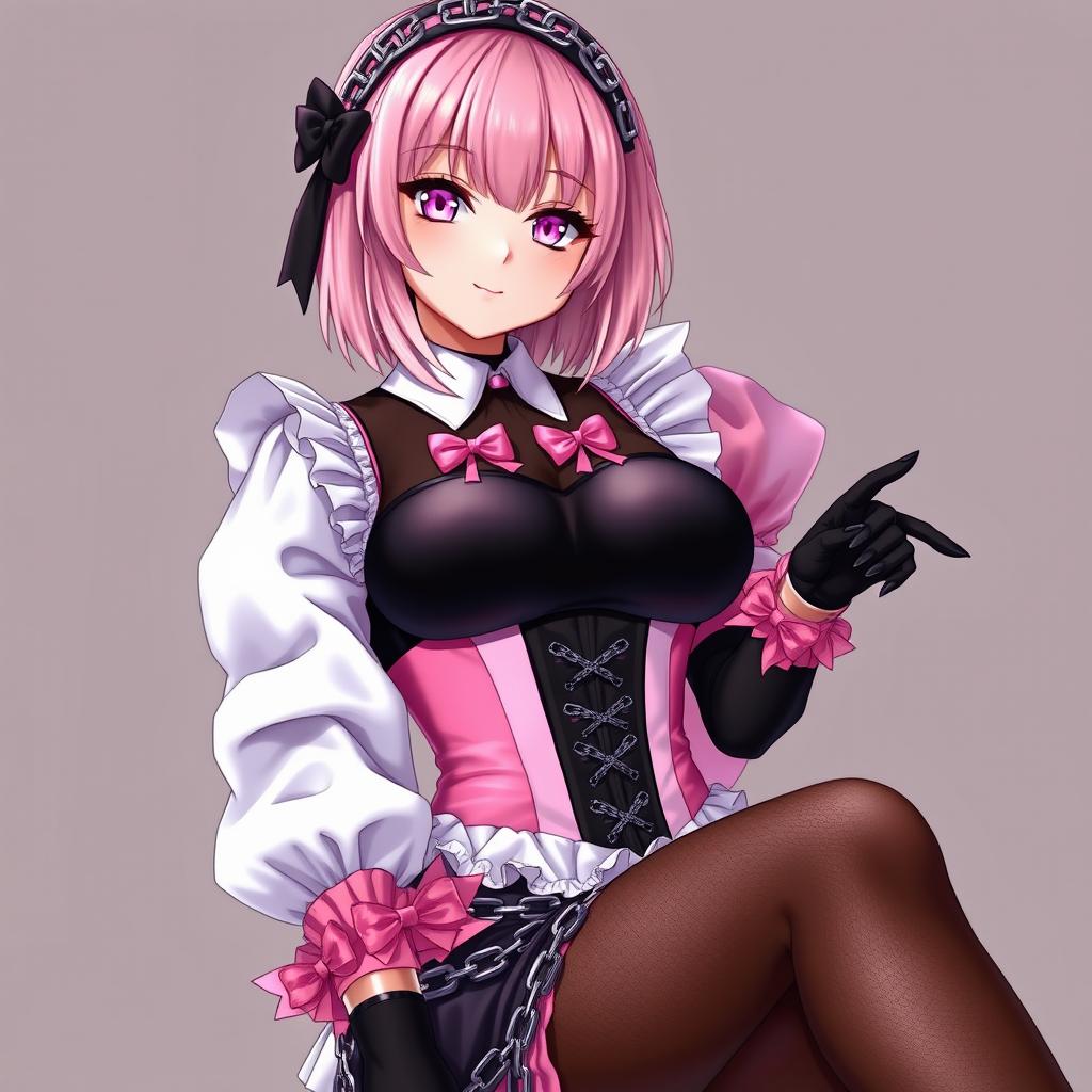 A realistic depiction of a sexy gothic anime maid girl with a flustered, subtle smile and a blush on her cheeks
