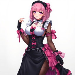 A realistic depiction of a sexy gothic anime maid girl with a flustered, subtle smile and a blush on her cheeks