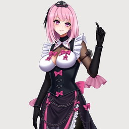 A realistic depiction of a sexy gothic anime maid girl with a flustered, subtle smile and a rosy blush on her cheeks