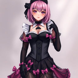 A realistic depiction of a sexy gothic anime maid girl with a flustered, subtle smile and a rosy blush on her cheeks