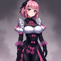 A realistic depiction of a sexy gothic anime maid girl with a flustered, subtle smile and a rosy blush on her cheeks