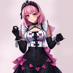 A realistic depiction of a sexy gothic anime maid girl with a flustered, subtle smile and a rosy blush on her cheeks