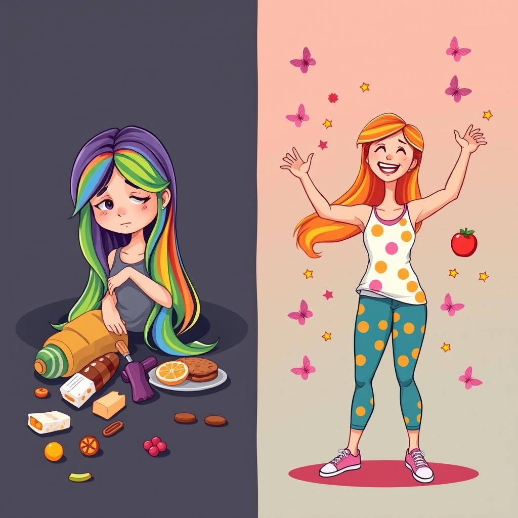 A vibrant cartoon cover illustrating a young girl with long, colorful hair, depicting her journey through the struggles of eating disorders to self-love and empowerment