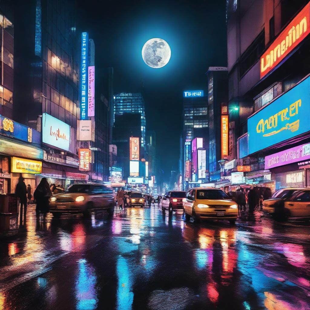 A lively cityscape at night with bright neon lights and bustling traffic reflected on a wet surface, with a full moon visible in the clear sky.