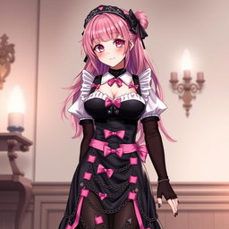 A realistic depiction of a sexy gothic anime maid girl with a flustered, subtle smile and a rosy blush gracing her cheeks