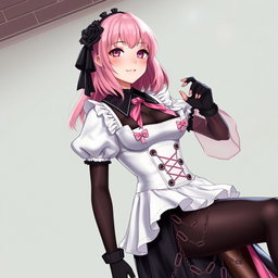 A realistic depiction of a sexy gothic anime maid girl with a flustered, subtle smile and a rosy blush gracing her cheeks